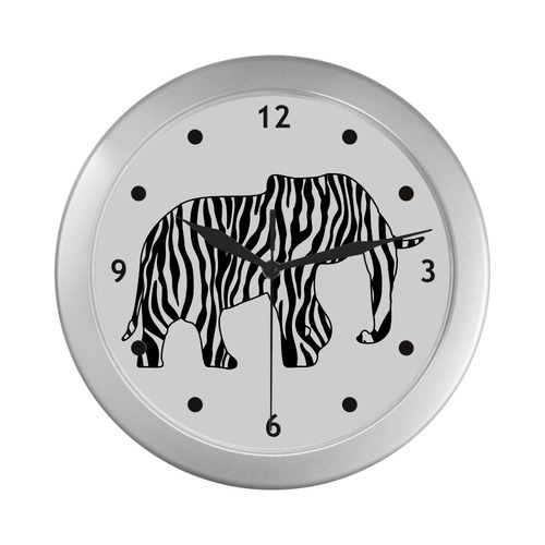 ELEPHANTS with Zebra Stripes black white Silver Color Wall Clock
