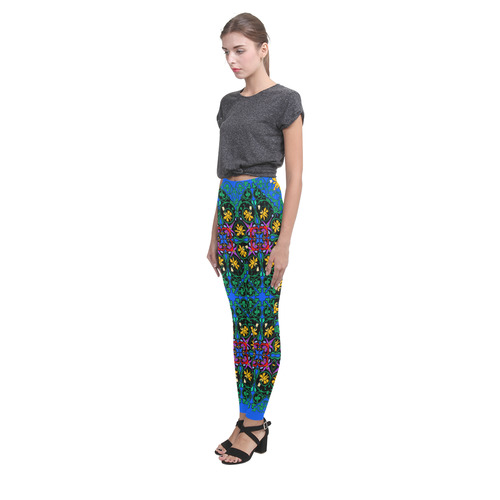 Colorful Floral Diamond Squares on Blue Cassandra Women's Leggings (Model L01)