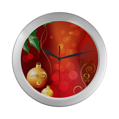 Christmas balls on soft red background Silver Color Wall Clock