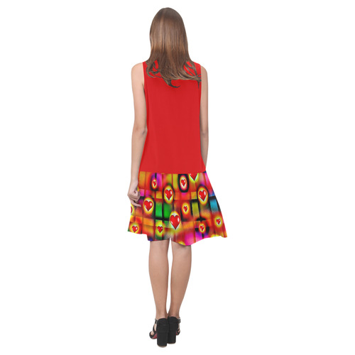 Red and Hearts Parade Colorful Plaid Sleeveless Splicing Shift Dress(Model D17)