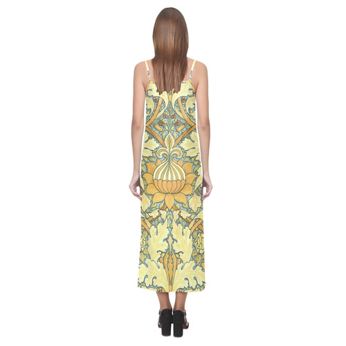 Decorative bright large stylized flower William Morris pattern V-Neck Open Fork Long Dress(Model D18)