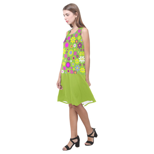 Retro Flower Power Lime Sleeveless Splicing Shift Dress(Model D17)