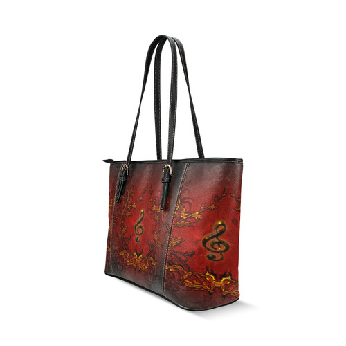 Music, clef and red floral elements Leather Tote Bag/Small (Model 1640)