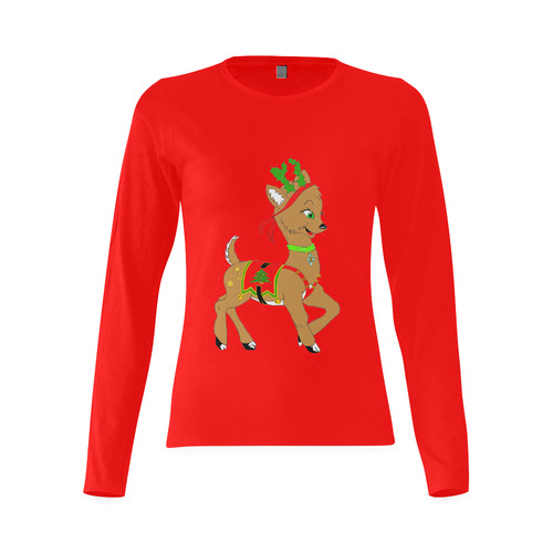 Christmas Reindeer Doe Red Sunny Women's T-shirt (long-sleeve) (Model T07)