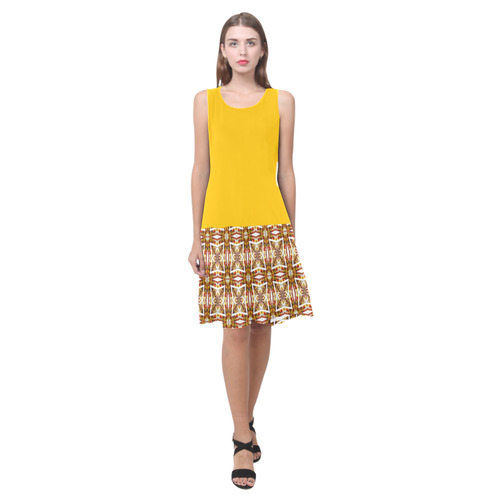 Yellow and Topaz Geometric Pattern Sleeveless Splicing Shift Dress(Model D17)