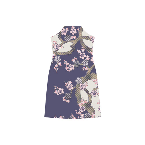 Plum tree in full bloom on dark blue Japanese pattern V-Neck Open Fork Long Dress(Model D18)