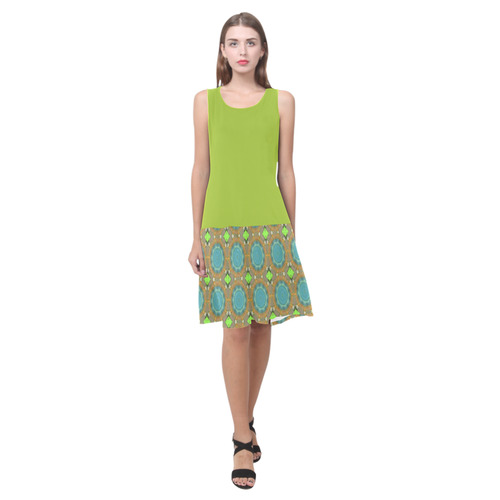 Lime and Amber Teal Abstract Sleeveless Splicing Shift Dress(Model D17)