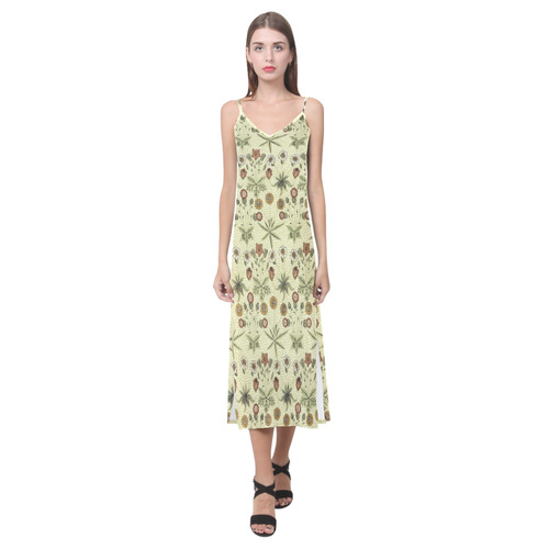Summer flowers and grasses vintage William Morris pattern V-Neck Open Fork Long Dress(Model D18)