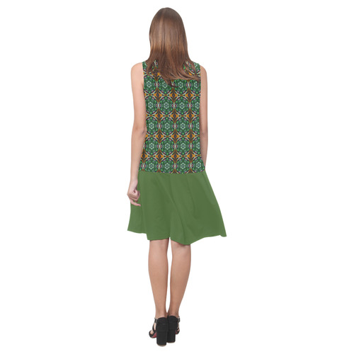 Green and Brown Floral and Treetop Sleeveless Splicing Shift Dress(Model D17)