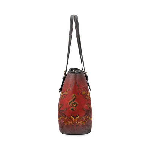 Music, clef and red floral elements Leather Tote Bag/Small (Model 1640)
