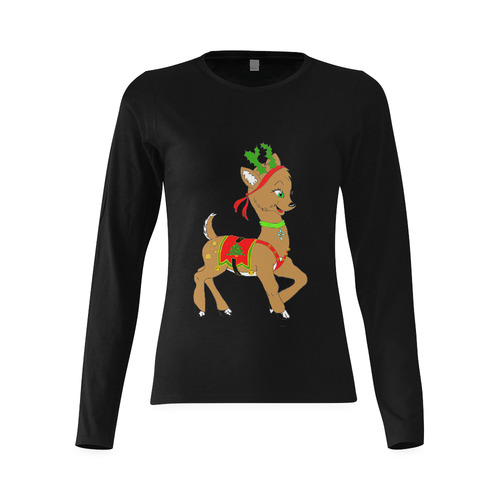 Christmas Reindeer Doe Black Sunny Women's T-shirt (long-sleeve) (Model T07)