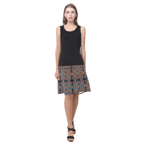 Black Blue and Brown Abstract Sleeveless Splicing Shift Dress(Model D17)