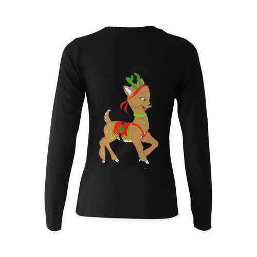 Christmas Reindeer Doe Black Sunny Women's T-shirt (long-sleeve) (Model T07)