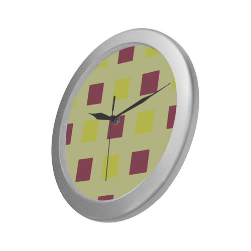 yellow and burgundy squares Silver Color Wall Clock