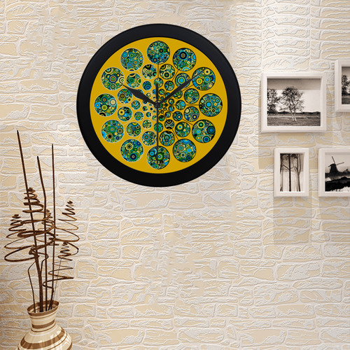 Flower Power CIRCLE Dots in Dots cyan yellow black Circular Plastic Wall clock