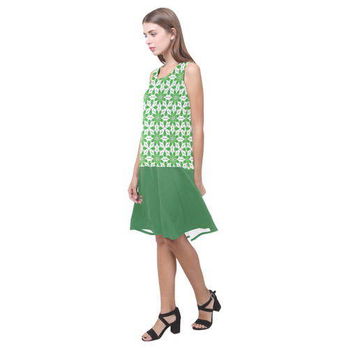 Green White Floral and Ivy Sleeveless Splicing Shift Dress(Model D17)