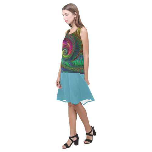 Feather Fractal Aquamarine Sleeveless Splicing Shift Dress(Model D17)