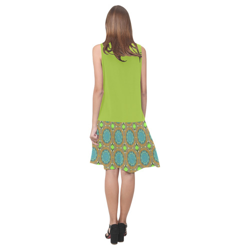 Lime and Amber Teal Abstract Sleeveless Splicing Shift Dress(Model D17)