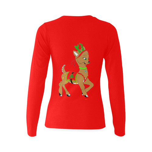 Christmas Reindeer Doe Red Sunny Women's T-shirt (long-sleeve) (Model T07)
