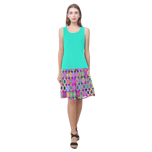 Bright Turquoise and Crazy Daisy Sleeveless Splicing Shift Dress(Model D17)