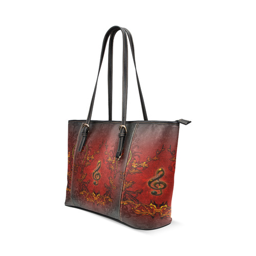 Music, clef and red floral elements Leather Tote Bag/Small (Model 1640)