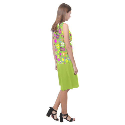 Retro Flower Power Lime Sleeveless Splicing Shift Dress(Model D17)