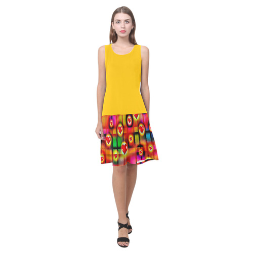 Yellow and Hearts Parade Colorful Plaid Sleeveless Splicing Shift Dress(Model D17)
