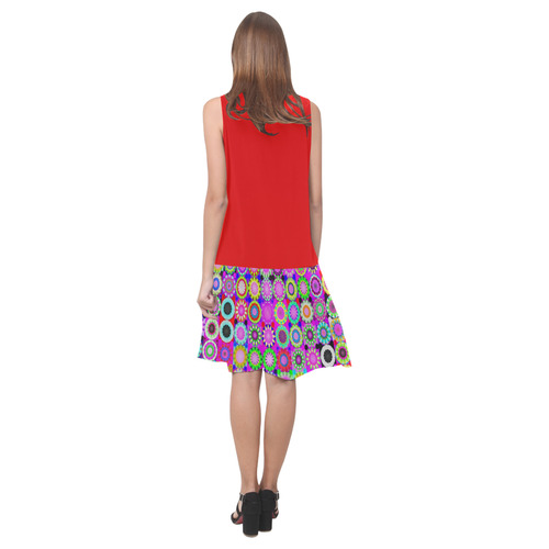 Red and Crazy Daisy Sleeveless Splicing Shift Dress(Model D17)