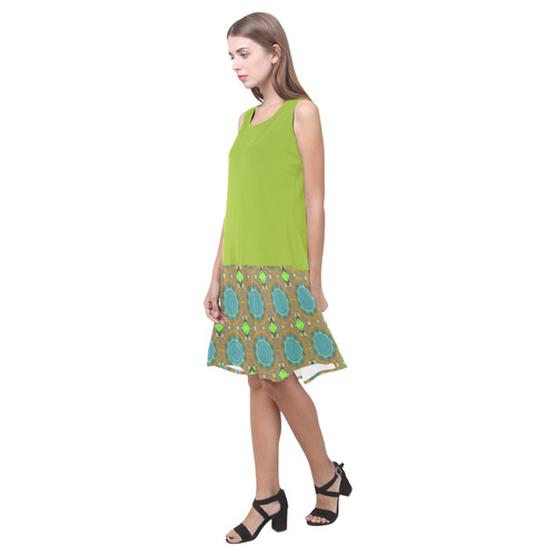 Lime and Amber Teal Abstract Sleeveless Splicing Shift Dress(Model D17)
