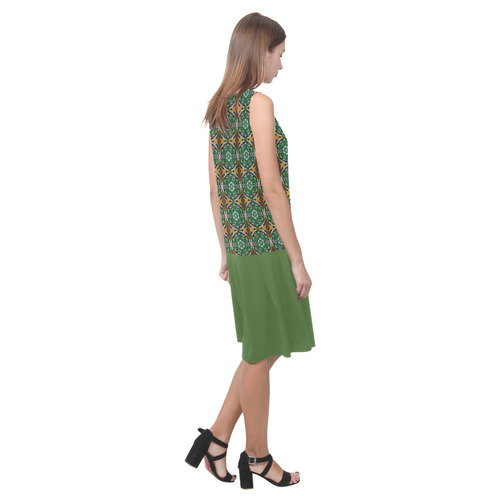 Green and Brown Floral and Treetop Sleeveless Splicing Shift Dress(Model D17)