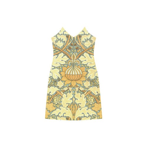 Decorative bright large stylized flower William Morris pattern V-Neck Open Fork Long Dress(Model D18)