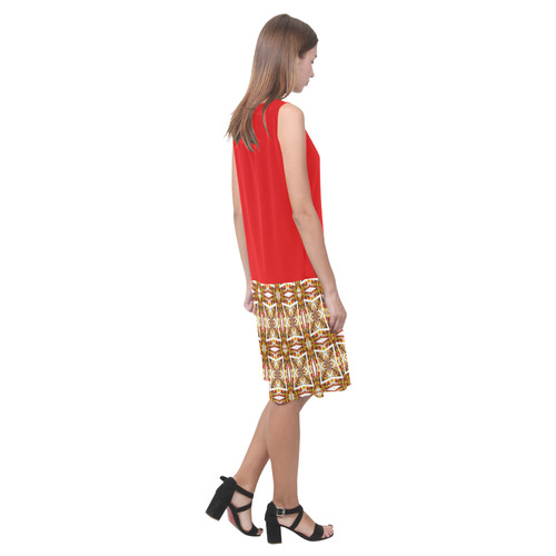 Red and Topaz Geometric Pattern Sleeveless Splicing Shift Dress(Model D17)