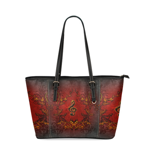 Music, clef and red floral elements Leather Tote Bag/Small (Model 1640)