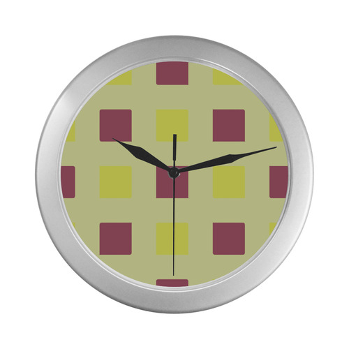 yellow and burgundy squares Silver Color Wall Clock