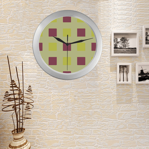 yellow and burgundy squares Silver Color Wall Clock