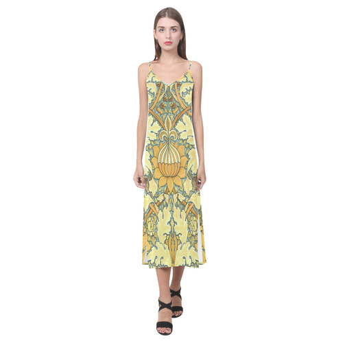 Decorative bright large stylized flower William Morris pattern V-Neck Open Fork Long Dress(Model D18)