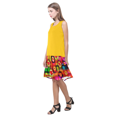 Yellow and Hearts Parade Colorful Plaid Sleeveless Splicing Shift Dress(Model D17)