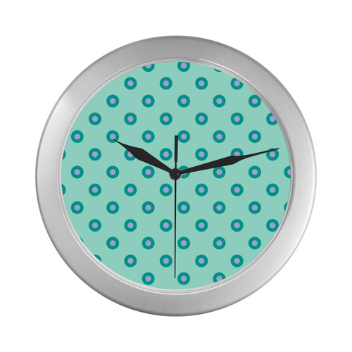 vintage green with pink dots Silver Color Wall Clock