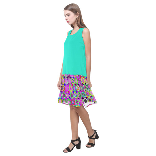 Bright Turquoise and Crazy Daisy Sleeveless Splicing Shift Dress(Model D17)