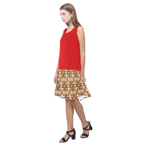 Red and Topaz Geometric Pattern Sleeveless Splicing Shift Dress(Model D17)