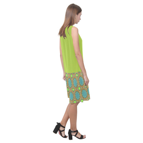 Lime and Amber Teal Abstract Sleeveless Splicing Shift Dress(Model D17)