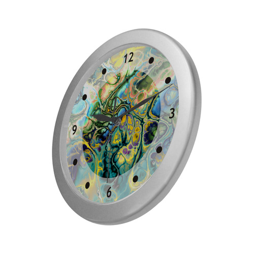 Flower Power Fractal Batik Teal Yellow Blue Salmon Silver Color Wall Clock
