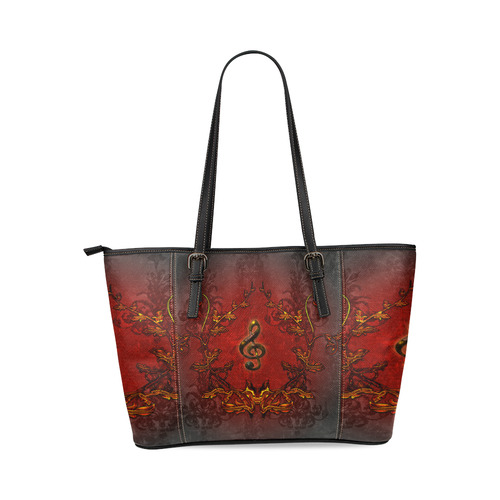 Music, clef and red floral elements Leather Tote Bag/Small (Model 1640)