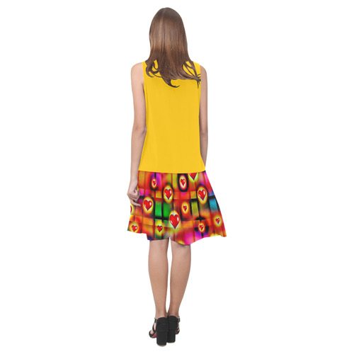 Yellow and Hearts Parade Colorful Plaid Sleeveless Splicing Shift Dress(Model D17)