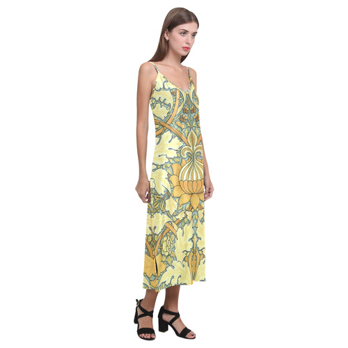 Decorative bright large stylized flower William Morris pattern V-Neck Open Fork Long Dress(Model D18)
