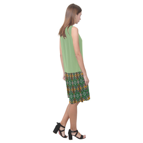 Green Tea and Brown Floral Sleeveless Splicing Shift Dress(Model D17)