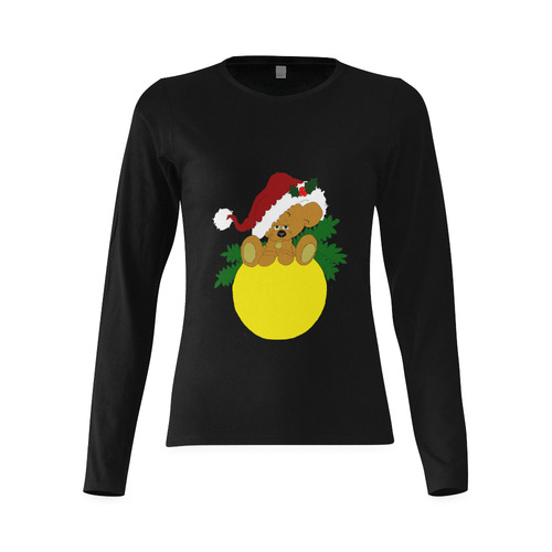 Christmas Teddy Bear Ornament Black Sunny Women's T-shirt (long-sleeve) (Model T07)