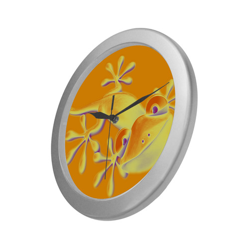 FUNNY SMILING GECKO yellow orange violet Silver Color Wall Clock