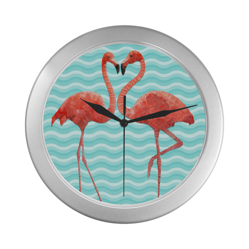 flamingo love Silver Color Wall Clock