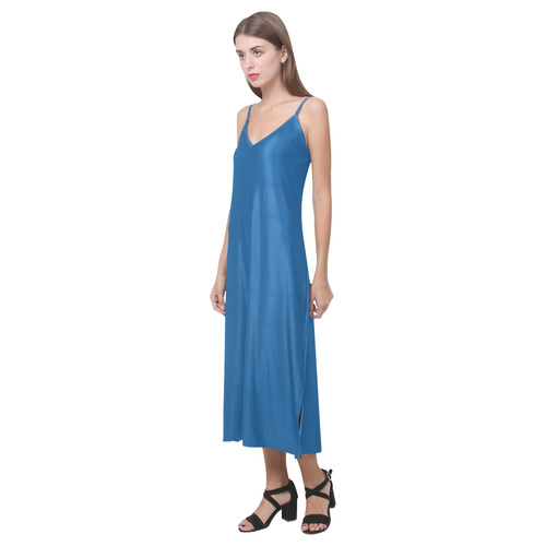 Lapis Blue V-Neck Open Fork Long Dress(Model D18)